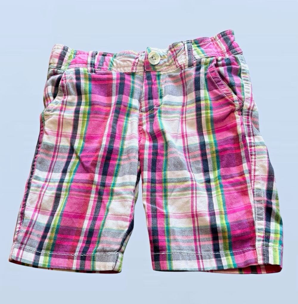 Green Soda Girls Pink Multicolor Retro Plaid Chino Shorts Pockets Button Size 7